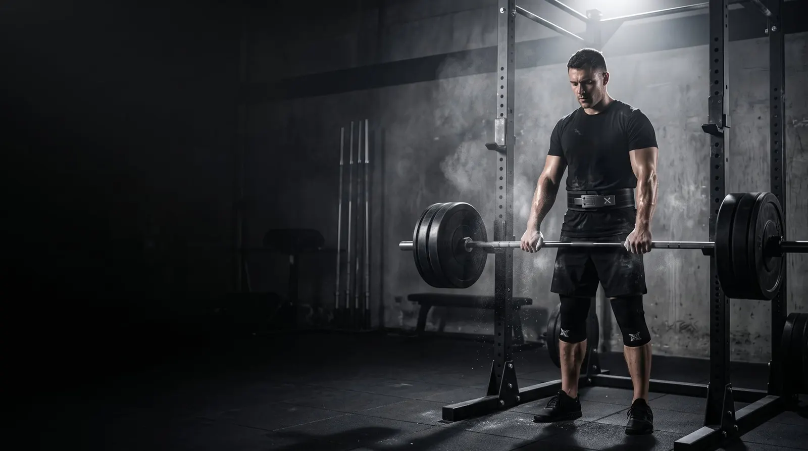 Athlete wearing a Nexen lever belt and knee sleeves at the squat rack