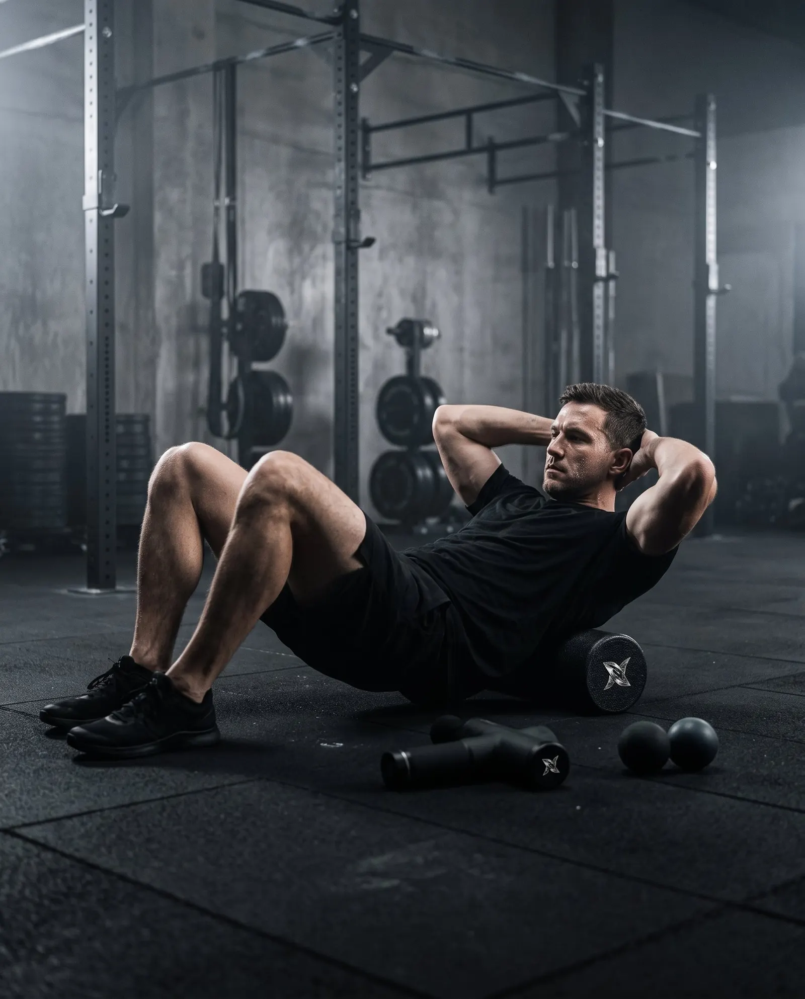Athlete foam rolling after training